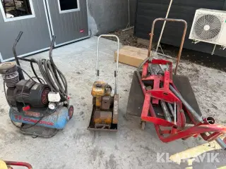Blandet lot, pladevibrator,kompressor,Løftevogn, hævesænke vogn.