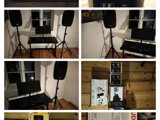 DJ mixer og bord og højtaler med stativ m.m