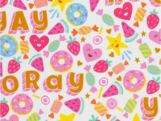 Farverigt gavepapir med slik, frugt og donuts - 5m