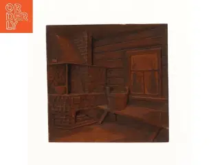 Trærelief af husinteriør (str. 29,5x30 cm)