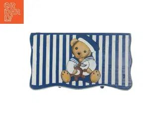 Blå og hvid stribet smykkeskrin med bamse (str. 5,5x20,5x12 cm)i træ