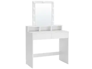 Toiletbord med spejl og lys 2 skuffer, 3 åbne rum, hvid