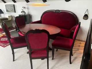 Antik sofagruppe. Sofa, ovalt bord, 4 stol, lænest