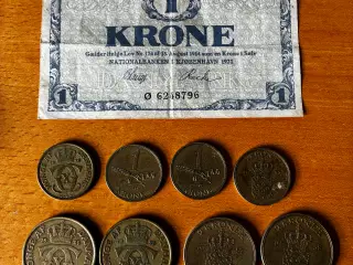 Gamle danske 1 og 2 kroner (8 mønter og 1 seddel)