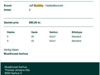 Jeff Buckley - hyldestkoncert - to billetter Århus