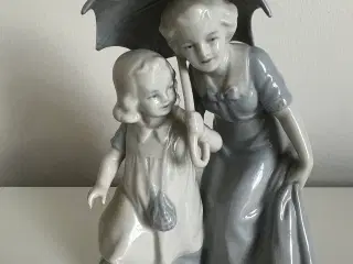 Figur i porcelæn - Mor og datter m/paraply