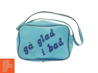 Blå skuldertaske med tekst &#39;gå glad i bad&#39; (str. 40 x 28 x 10 cm)