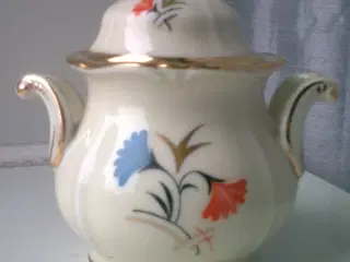 Art deco dansk RØD BLÅ nelliker på krukke m guld