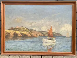 Maleri af fiskebåd på havet ved Hammershus