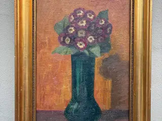 Maleri med blomster i vase i guldramme signeret