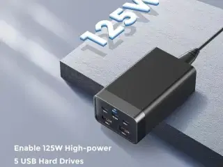 2 stk. Mobiltilbehør vægadapter 125W GaN – 2×USB-A + 3×USB-C – Sort