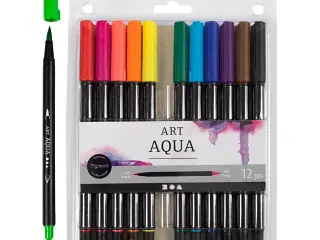 Akvareltusch 12 stk. med dobbeltspids i standardfarver