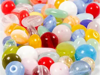 Glasperler, rund, oval, rundflad, diam. 6-13 mm, hulstr. 0,5-1,5 mm, ass. farver, 60g/ 1 pk.
