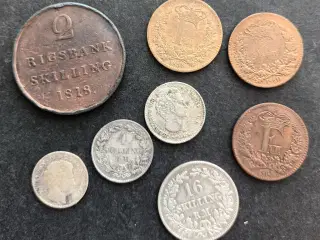 Danmark 8 stk forskellige skillingsmønter.