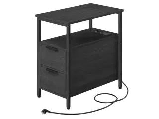 Sengebord med stikdåse 2 skuffer, smalt sidebord/sofabord, antracitgrå/klassisk sort