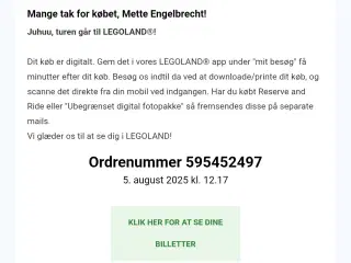 2 billetter til Legoland 6. august 