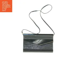 Sort 1980&#39;er krokodillepræget bakelit clutch med skulderrem (str. 25 x 16 cm)