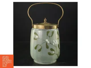 Antik kiksebeholder af glas med blomsterdesign og messingtop (str. 16x12 cm)