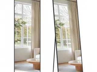Fuldfigurs gulvspejl 150 × 40 cm med ståstativ – rektangulært spejl i hærdet glas, aluminiumsramme, blæksort