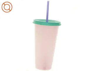 Plastik drikkekop med låg og sugerør (str. 18 cm)
