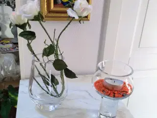 Glasvase og lysestage i glas 