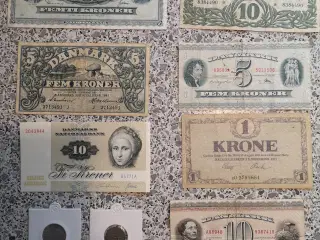 7 stk danske sedler og 2 tyske mønter