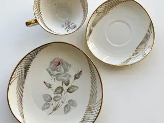 Triosæt, stor kop m underkop og kagetallerken, grå rose