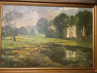 Maleri Kronhjort ved sø
