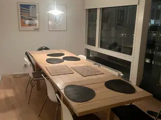3m x 1m træ spisebord med 4 hvide stole