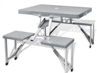Foldbart campingbordsæt med 4 taburetter i aluminium, ekstra let, grå