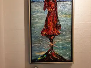 Maleri  "Elegant kvinde i rødt ved Vadehavet"