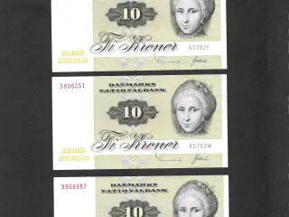 10 kr. sedler i samme serie kv. 0 nye