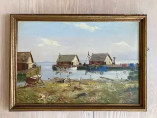 TH Frils Maleri Landskab med Huse og Vand