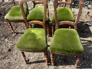 5 antikke spisestue stole med mørkegrønt plys