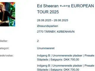 2 stk billetter til Ed Sheeran Torsdag 28.August