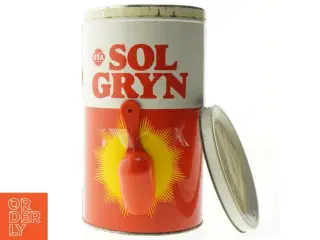 Gammel Solgryn dåse med ske fra Ota (str. 22 x 12 cm)