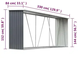 Brændeskur til haven galvaniseret stål 330x84x152 cm grå