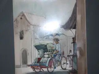 Akvarel med passepartout med sign. asiatisk motiv 