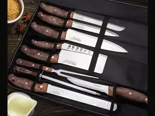 Professionelt kokkeknivssæt, 9 dele i opbevaringstaske.