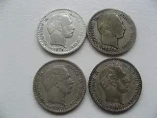 Pæne delfin sølv 10 ører 1874,75,89,91 samlet pris