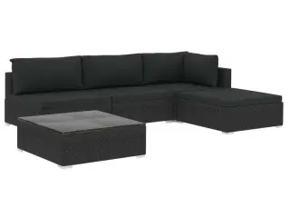 Haveloungesæt 5 dele med hynder polyrattan sort