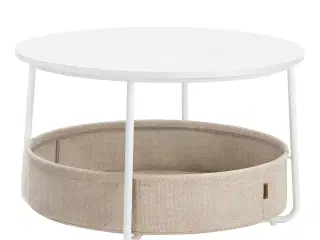 Sofabord rund med opbevaring – VASAGLE, stofkurv, metalstel, mat hvid/kamelbrun