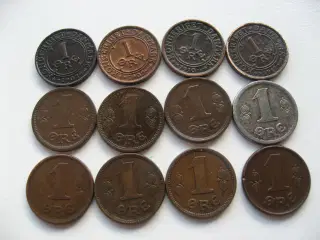 12 Flotte bronze 1 ører 1907-1923, samlet pris