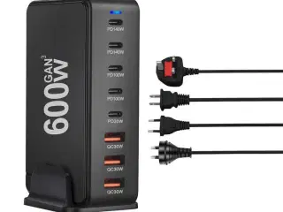 Ladestation GaN 600W – 8 porte (USB-C & USB-A) – Hurtig opladning til mobil og bærbar computer