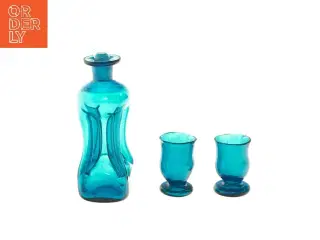 Blåt glas karaffel sæt med to glas (str. 6 cm og 17 cm)