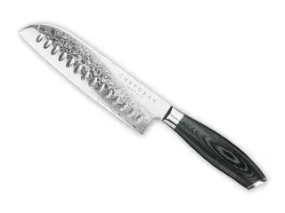 Santokukniv, 18 cm knivblad, udført i 67 lags Damaskus stål.