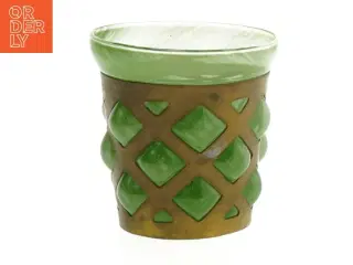 Grøn Glas vase med flettet metal mønster  (str. 9 cm)