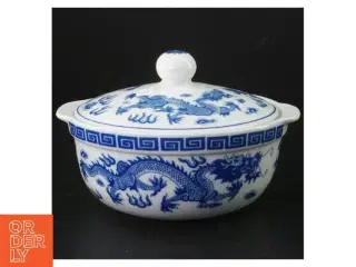 Orientalsk  Blå og hvid porcelæns skål med låg (str. 17 cm)