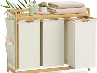 Vasketøjssorterer med 3 rum, hylde og sidelommer – 150 l, cremehvid (94 × 33 × 78 cm)