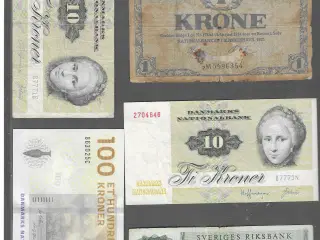 Danske sedler 1-2x10-100 kr-10 sv.kr.